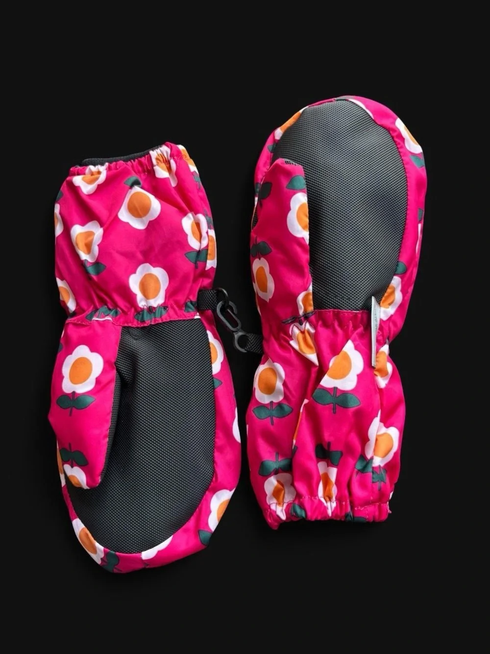 ✨Pink mittens with white & orange flowers and green leaves ✨